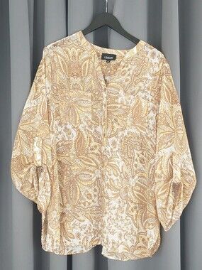 Lindor Vintage Gold Yellow Paisley Split Neck Long Sleeve Blouse Size 16